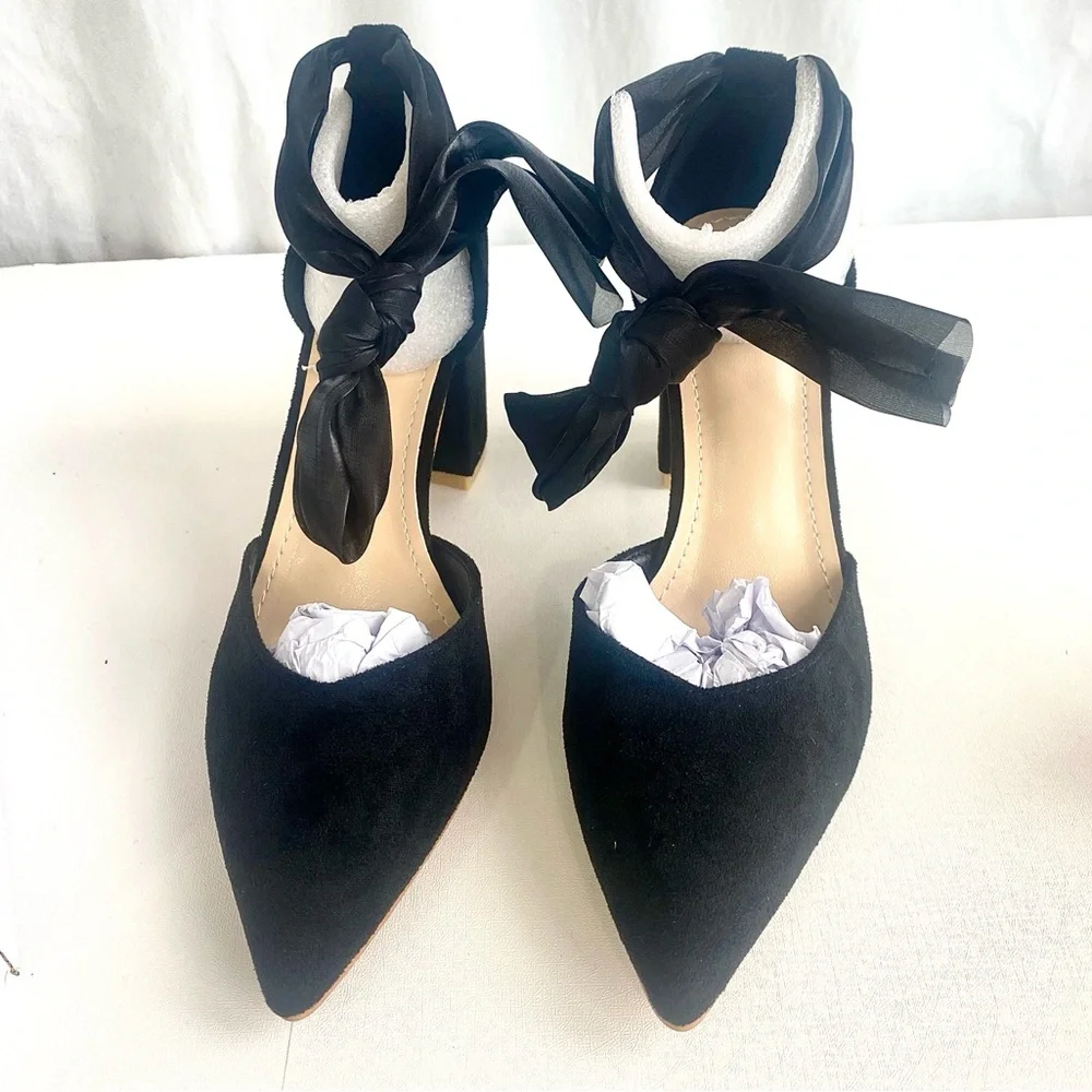 SHEIN Black Block Heels with Sheer Ribbon Ankle Tie Bow Size 36 US 6 Shoes NIB